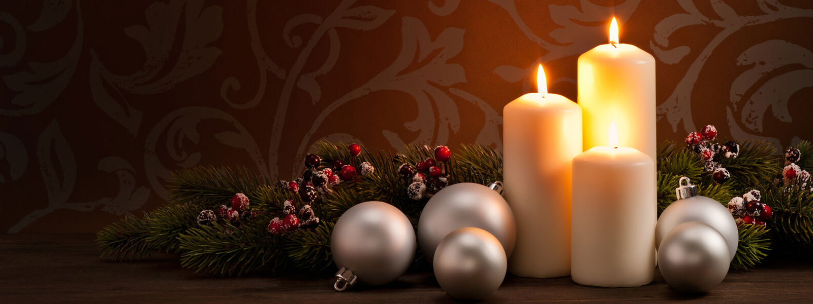 Ivory Christmas Candles on Brown Paisley Background