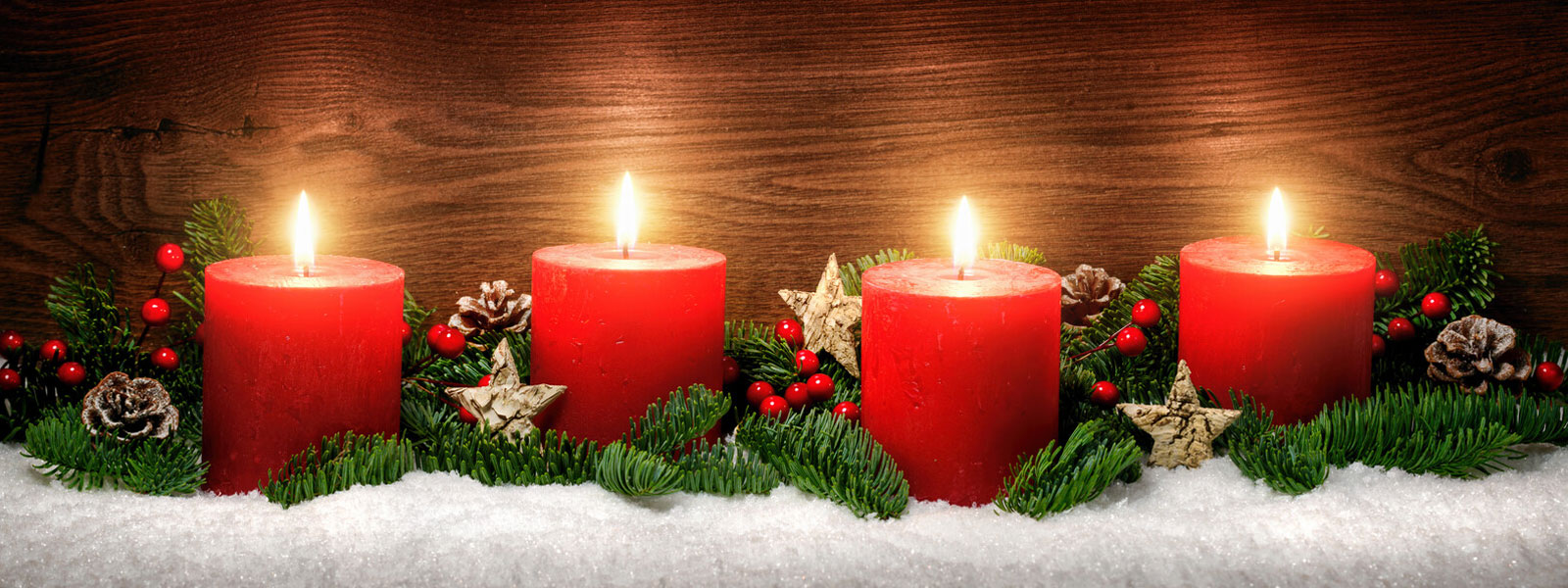 Red Candles With Christmas Greenery & Snow